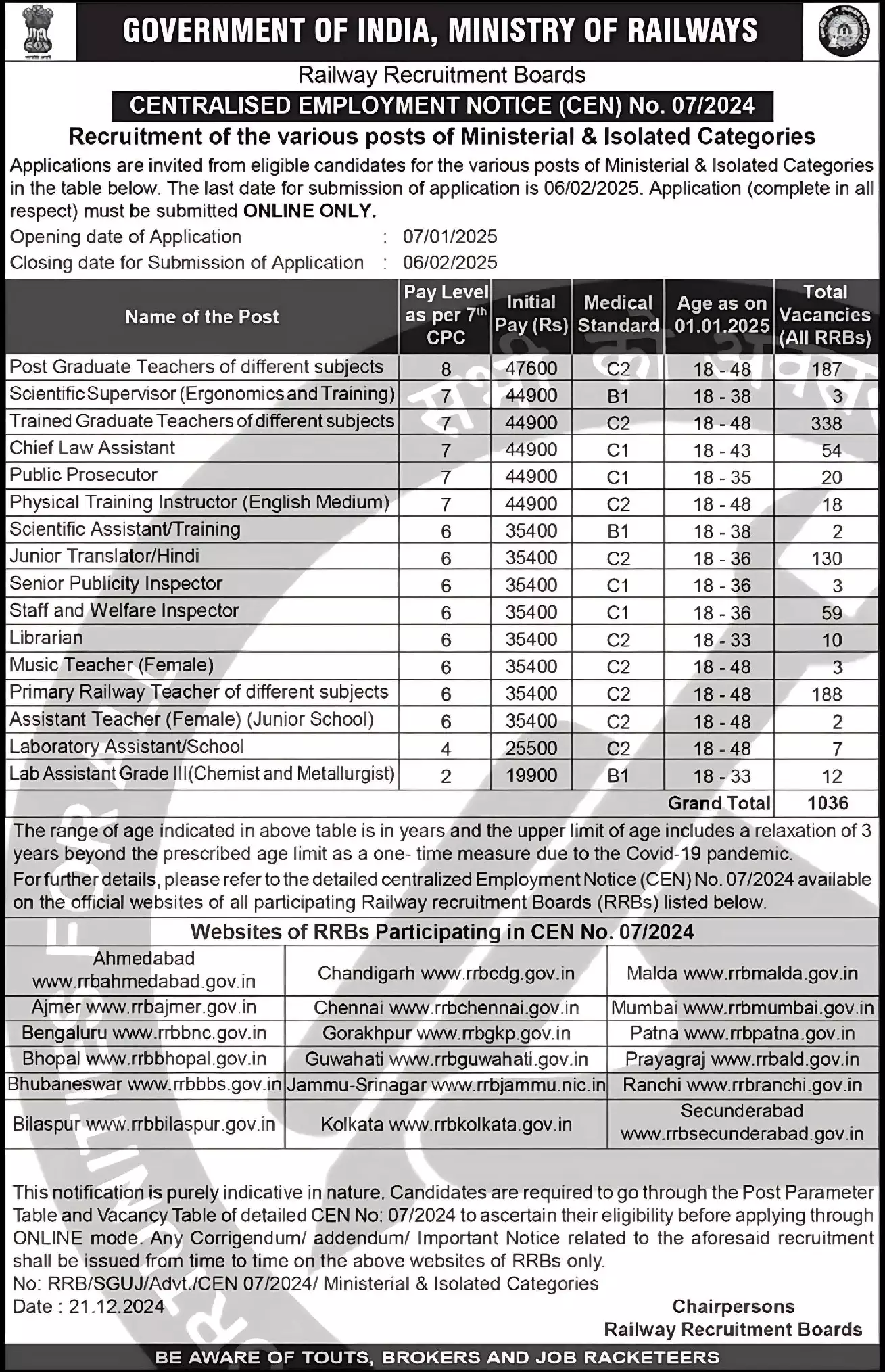 Indian Railway Ministerial Recruitment 2024 – Apply Now for 1,036 Vacancies