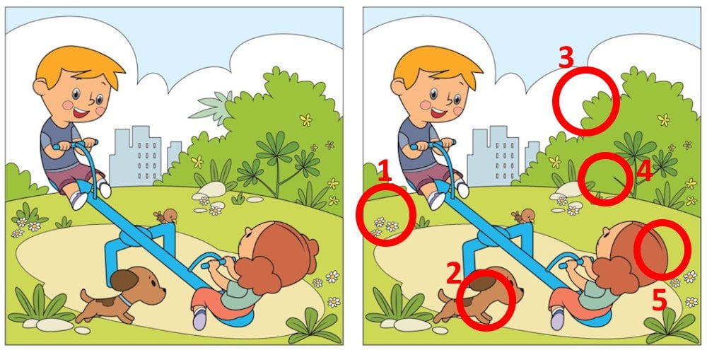 Find Differences Puzzle, Cute Kids Having Fun On Seesaw At Playground ...