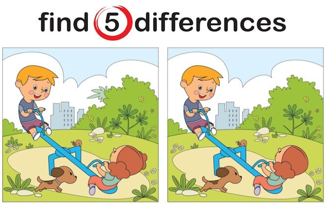 Find differences puzzle, Cute kids having fun on seesaw at playground