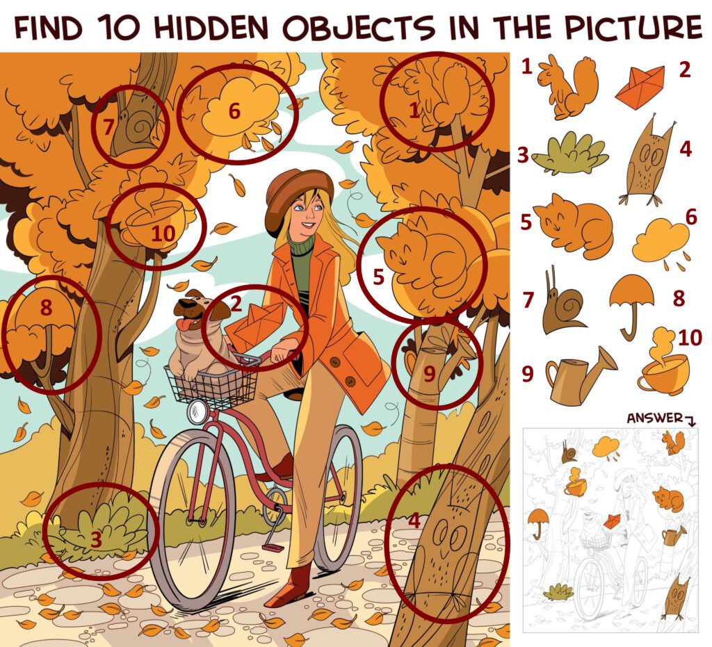 Girl Riding a Bike in Autumn Park Find 10 Hidden Objects in the Picture